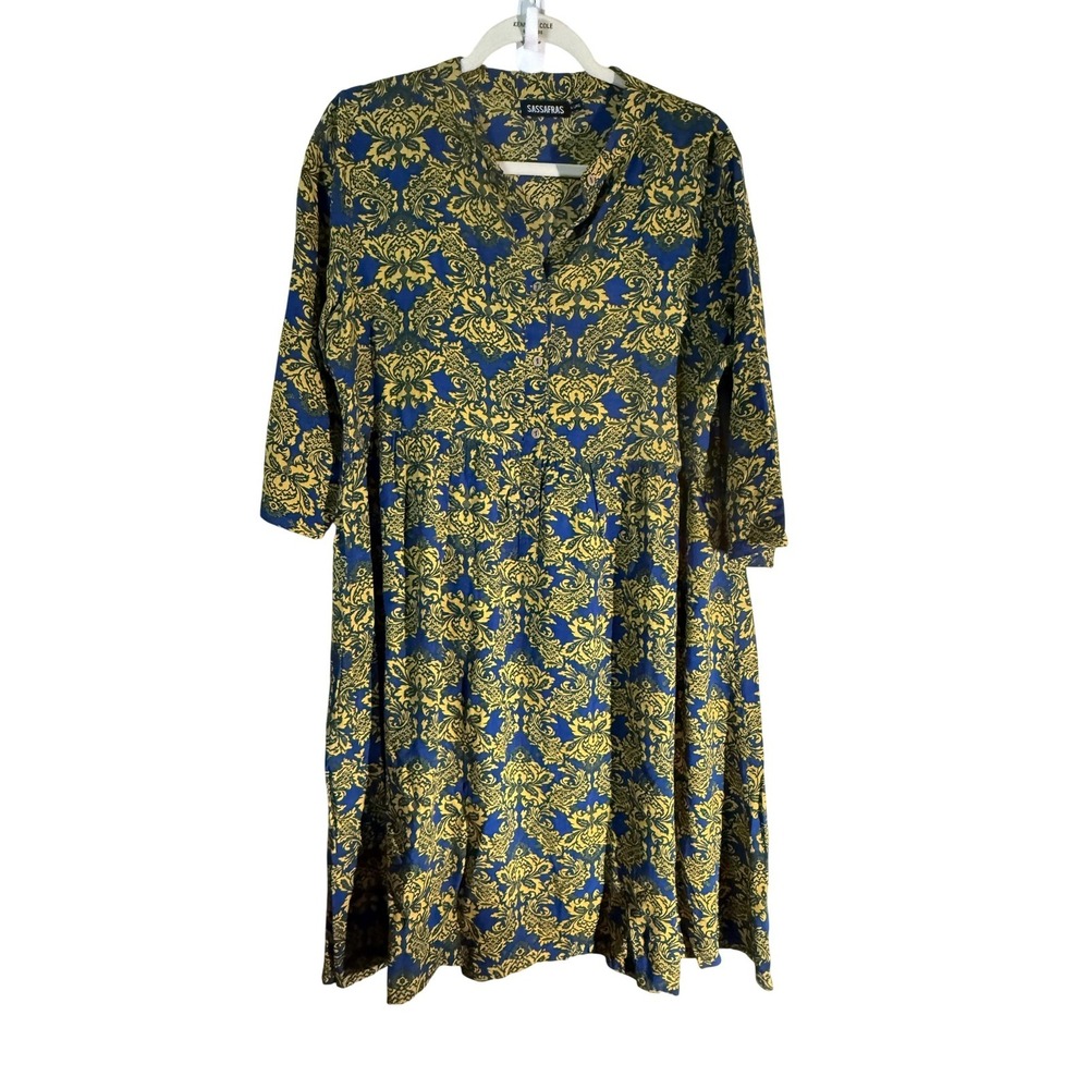 SASSAFRAS Dress Womens L Blue Floral Midi Shirt Dress V-Neck 3/4‎ Sleeve